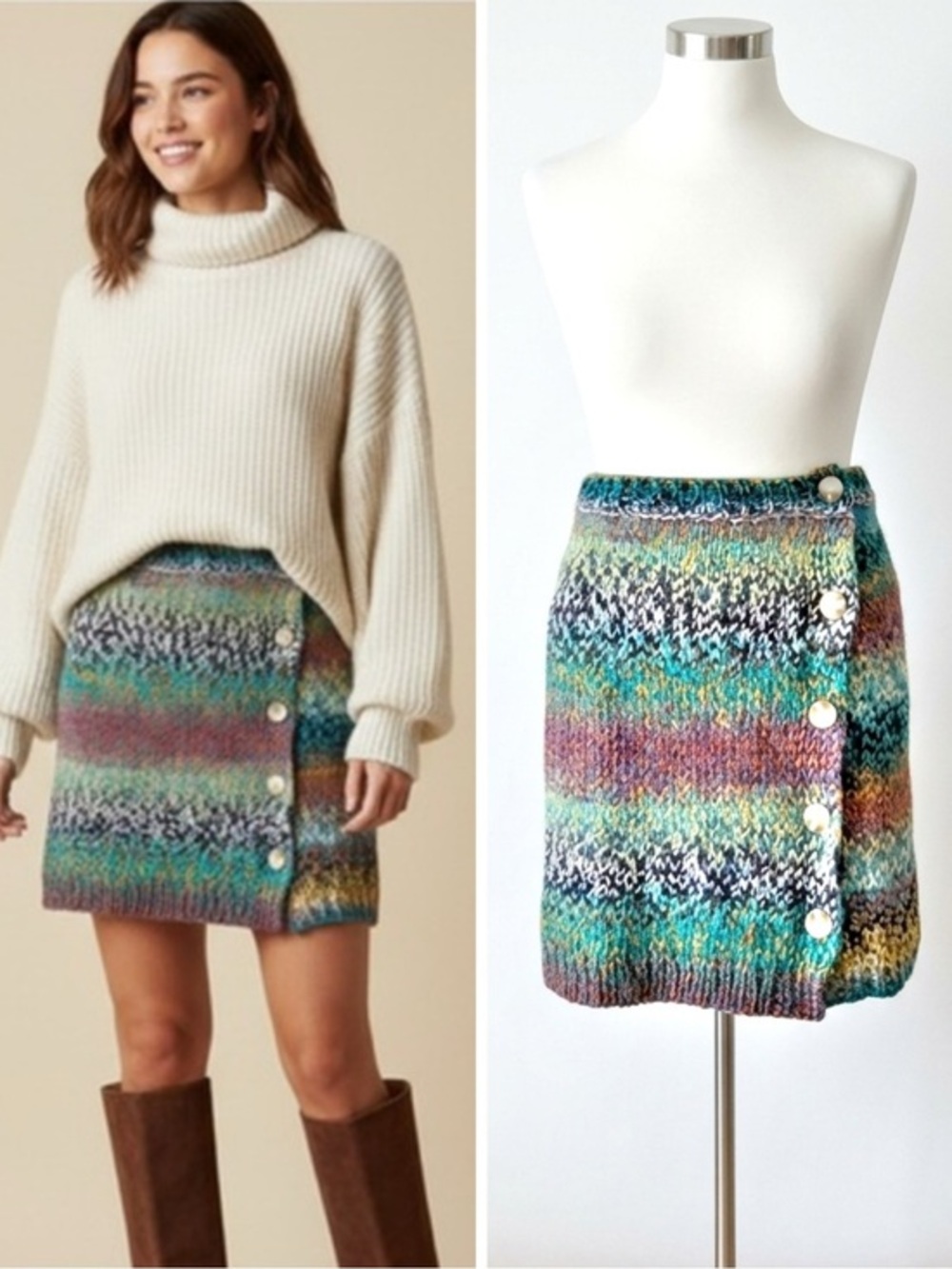 NIA Aspen Teal Rainbow Striped Sweater Skirt Boho Cozy Cabincore Size Medium